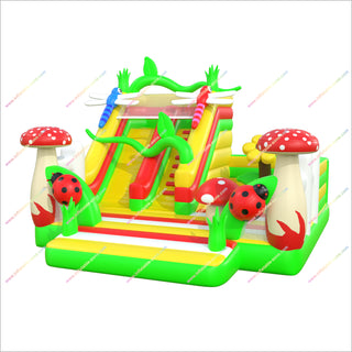 Colorful Garden-Themed Inflatable Bounce House Combines Slides Climbing Areas Happy Hop Inflatable Castle Bouncer
