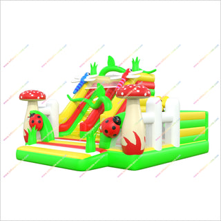 Colorful Garden-Themed Inflatable Bounce House Combines Slides Climbing Areas Happy Hop Inflatable Castle Bouncer