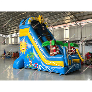 Sun And Palm Tree Inflatable Bounce Slides Big Cheap Bounce House Jumper Slide Into Swimming Pool