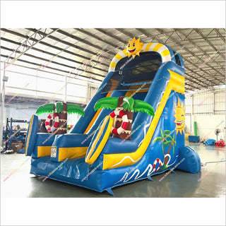 Sun And Palm Tree Inflatable Bounce Slides Big Cheap Bounce House Jumper Slide Into Swimming Pool