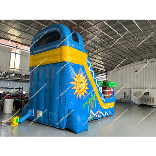 Sun And Palm Tree Inflatable Bounce Slides Big Cheap Bounce House Jumper Slide Into Swimming Pool