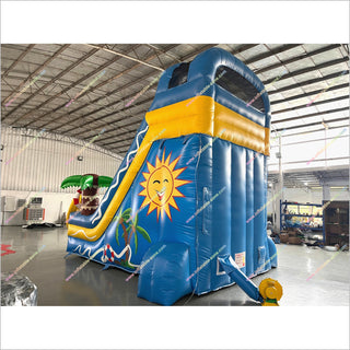 Sun And Palm Tree Inflatable Bounce Slides Big Cheap Bounce House Jumper Slide Into Swimming Pool