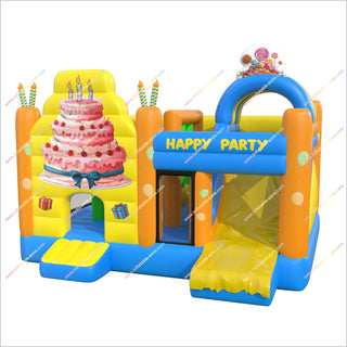 Happy Party Inflatable Bouncy Castle And Slide Birthday Cake Theme Commercial Bounce House Slide Combo