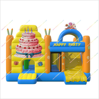 Happy Party Inflatable Bouncy Castle And Slide Birthday Cake Theme Commercial Bounce House Slide Combo