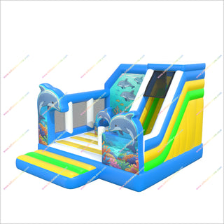Ocean Themed Games Inflatable Bouncy Castle Slides Combo Playful Dolphins Bounce Houses With Slides For Sale
