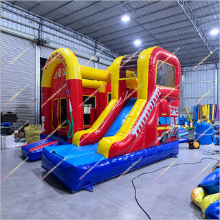 Blow Up Fire Truck Inflatable Bouncy Castle Slide Fire And Rescue Commercial Bounce House Slide Combo For Sale