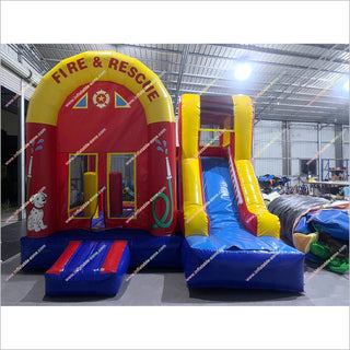 Blow Up Fire Truck Inflatable Bouncy Castle Slide Fire And Rescue Commercial Bounce House Slide Combo For Sale