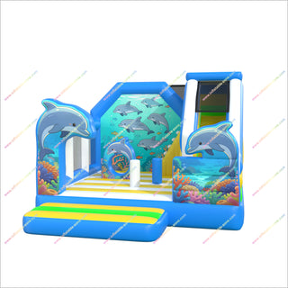 Ocean Themed Games Inflatable Bouncy Castle Slides Combo Playful Dolphins Bounce Houses With Slides For Sale