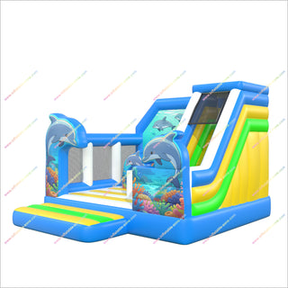 Ocean Themed Games Inflatable Bouncy Castle Slides Combo Playful Dolphins Bounce Houses With Slides For Sale