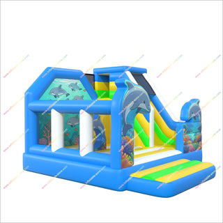 Ocean Themed Games Inflatable Bouncy Castle Slides Combo Playful Dolphins Bounce Houses With Slides For Sale