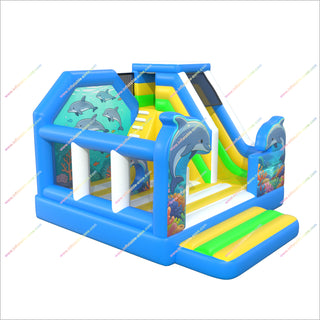 Ocean Themed Games Inflatable Bouncy Castle Slides Combo Playful Dolphins Bounce Houses With Slides For Sale
