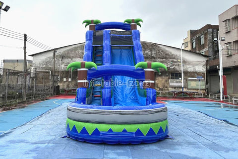 Outdoor Giant Inflatable Bouncy Waterslide Tropical Palm Tree Single Lane Water Slide With Swimming Pool Jumper