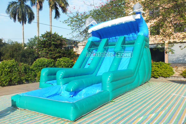 Inflatable Dolphin Dual Lane Water Slide Large Outdoor Jump N Fun Inflatables Wet Dry Waterslides With Pool