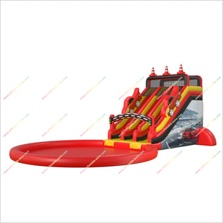 Racing Theme Inflatable Double Lane Water Slide Outdoor Splash Pool Water Slides Bounce House For Sale