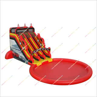 Racing Theme Inflatable Double Lane Water Slide Outdoor Splash Pool Water Slides Bounce House For Sale