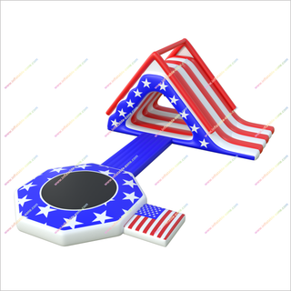 Patriotic American Flag Inflatable Floating Island With Slide Water Trampoline Combo Inflatable Water Slide For Lake