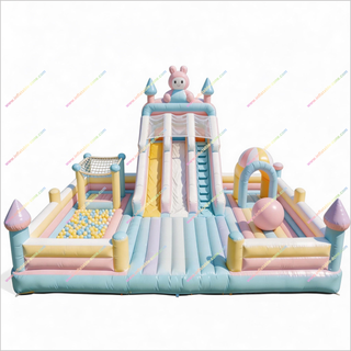 Rabbit-Themed Inflatable Jumping Castle And Slide Combo Pastel Color Bounce House Double Slide For Playground