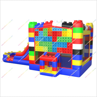 Colorful Block Inflatable Jumping Castle Water Slide Combo Bounce House With Waterslide Rental