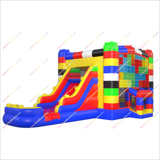 Colorful Block Inflatable Jumping Castle Water Slide Combo Bounce House With Waterslide Rental