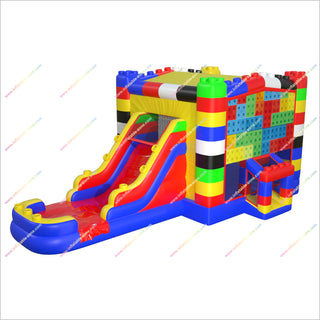 Colorful Block Inflatable Jumping Castle Water Slide Combo Bounce House With Waterslide Rental