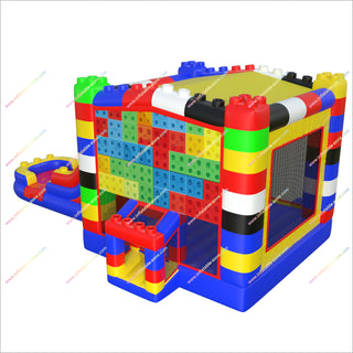 Colorful Block Inflatable Jumping Castle Water Slide Combo Bounce House With Waterslide Rental