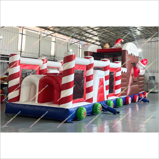 Christmas Train Inflatable Obstacle Course Rentals Candy Cane Pillars Bouncy Castle Assault Course Hire Near Me