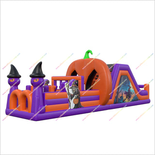 Halloween Witchy Inflatable Assault Course Party Double Slide Blow Up Inflatable Obstacle Course Hire For Adults