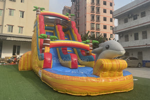 Palm Tree Inflatable Water Slide Large Commercial Inflatable Double Slide Bouncer With Pool