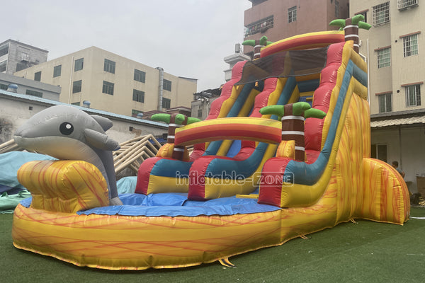 Palm Tree Inflatable Water Slide Large Commercial Inflatable Double Slide Bouncer With Pool