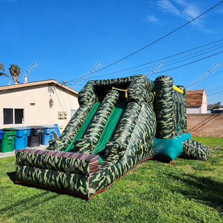 Blend in with the fun with our Inflatable Camouflage Bounce House with Slide! Perfect for outdoor events, this bounce castle offers hours of entertainment for kids. With its camouflage design, it adds a touch of adventure to any gathering. Watch as children bounce and slide, creating unforgettable memories at your event. Get ready for a day of excitement and laughter with this outdoor bounce castle!