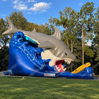 Dive into adventure with our Inflatable Shark Water Slide! This giant inflatable water slide is designed for adults, providing thrilling fun and excitement. With its vibrant shark theme and durable construction, it's the perfect addition to any outdoor party or event. Get ready to make a splash and slide into unforgettable memories with our inflatable shark water slide!