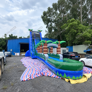 Make a splash with the Inflatable Water Slide With Palm Trees! This large outdoor inflatable offers endless water play with a fun jumping castle and a slip-and-slide that leads into a refreshing pool. Perfect for summer parties, it's durable, easy to set up, and guarantees hours of cool, tropical-themed fun for everyone!