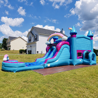 Jump for joy with our Bouncy Castle Blow Up Slip and Slide Combo! This wet/dry inflatable water bounce house offers the perfect mix of excitement and refreshing fun. Let kids bounce, slide, and splash to their hearts' content, creating unforgettable memories at your next event. Get ready for endless laughter and smiles with this thrilling inflatable attraction!