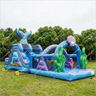 Commercial Mermaid Obstacle Course Field Day 3D Tail And Seaweed Inflatable Assault Course For Garden
