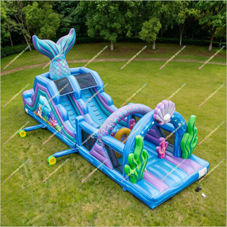 Commercial Mermaid Obstacle Course Field Day 3D Tail And Seaweed Inflatable Assault Course For Garden