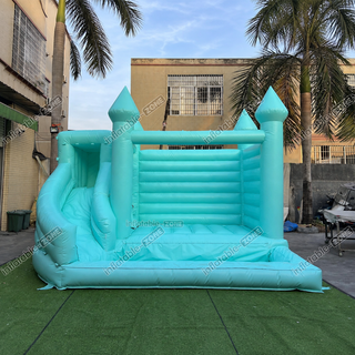 Introducing our Mint Green Bouncy Castle with Slide Combo from Happy Jump Inflatables! This fun-filled bounce house brings endless joy to sunny days. With its vibrant color and exciting slide, it's perfect for outdoor playtime, birthday parties, and more. Let the laughter and excitement begin!