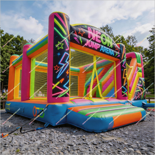 Neon-Themed Jump Arena Inflatable Castle Bounce House With Slide Combo Commercial Bouncers For Sale