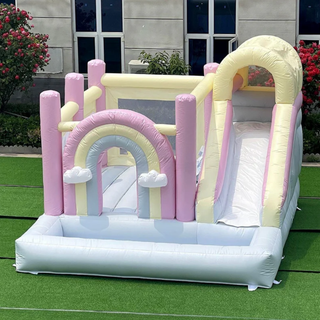 Pastel Color Rainbow Inflatable Bounce House And Water Slide Combo Jumping Castle With Pool Ball Pit For Party
