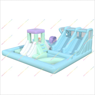 Pastel Coloured Bouncy Castle Dual Water Slide Inflatable Entertainment Equipment Obstacle Course In Pool