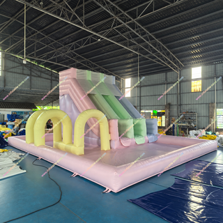 Make any party unforgettable with the Pastel Inflatable Slide and Bounce House Combo featuring bright yellow arches and a refreshing water slide with pool. This versatile inflatable offers endless bouncing, climbing, and sliding fun for kids, making it perfect for birthdays, school events, or rentals. Durable, safe, and eye-catching, it’s now available for sale near you!