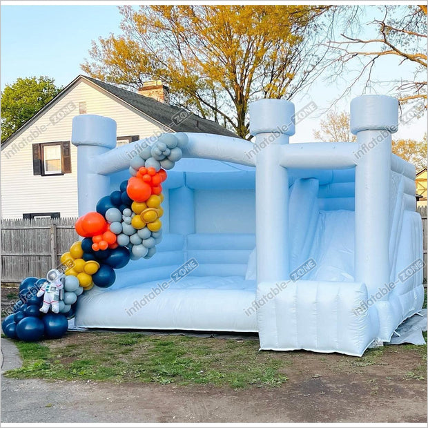 Pastel blue inflatable bounce house with slide combo for party events ...