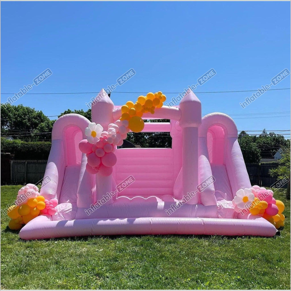 Pastel Pink Inflatable Bouncy Castle With Slide And Ball Pit Combo For