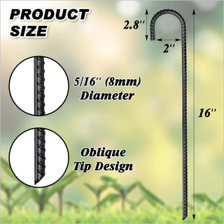 Rebar Stakes Heavy Duty J Hook, Galvanized Steel Ground Stakes Tent Stakes Ground Anchors, Chain Link Fence Stakes, Trampoline Stakes, Black