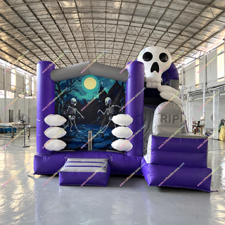 Spook up your event with the Skeleton Inflatable Haunted House with Slide! This Halloween bouncy castle combo blends creepy skeleton decor with thrilling slides and a spacious bounce area. Built from durable, commercial-grade material, it’s perfect for parties, carnivals, or haunted attractions. Easy to set up, eye-catching, and sure to keep guests entertained with hours of spooky fun.