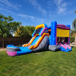 Gear up for the ultimate water battle with our Super Soaker Mega Battle Carrier Bounce House Slide Combo! This inflatable water jumping castle features a wet/dry design, ensuring fun in any weather. Let the water warfare begin as kids bounce, slide, and unleash a torrent of fun! Get ready for an epic splashdown at your next event!