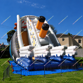Experience unforgettable fun with the Titanic Inflatable Slide Double Lane Bounce, designed for exciting races and endless entertainment. Featuring dual sliding lanes, a spacious bouncing area, durable commercial-grade PVC construction, and vibrant ship-inspired details, this inflatable is perfect for backyard parties, schools, festivals, rentals, and family events.