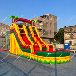 Beat the heat with our Tropical Breeze Inflatable Water Slide! This commercial playground slide features a thrilling ride straight into a cool pool. Perfect for parties, events, or summer fun. Rent near you today for hours of safe, splashy entertainment everyone will love!