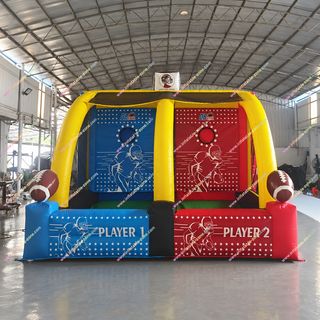 Gear up for a competitive showdown with the QB Blitz Inflatable! This two-player football toss game puts your throwing skills to the test. Compete to see who can score the most points by landing passes in various targets. Perfect for parties, events, or just a fun backyard challenge, this interactive sports arena brings the thrill of the gridiron to you. Let the games begin!