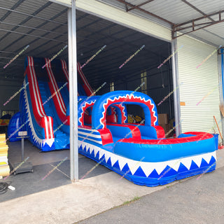 Large red blue and white inflatable double water slide with pool natural color