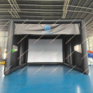 Luxury black inflatable golf simulator enclosure in a factory